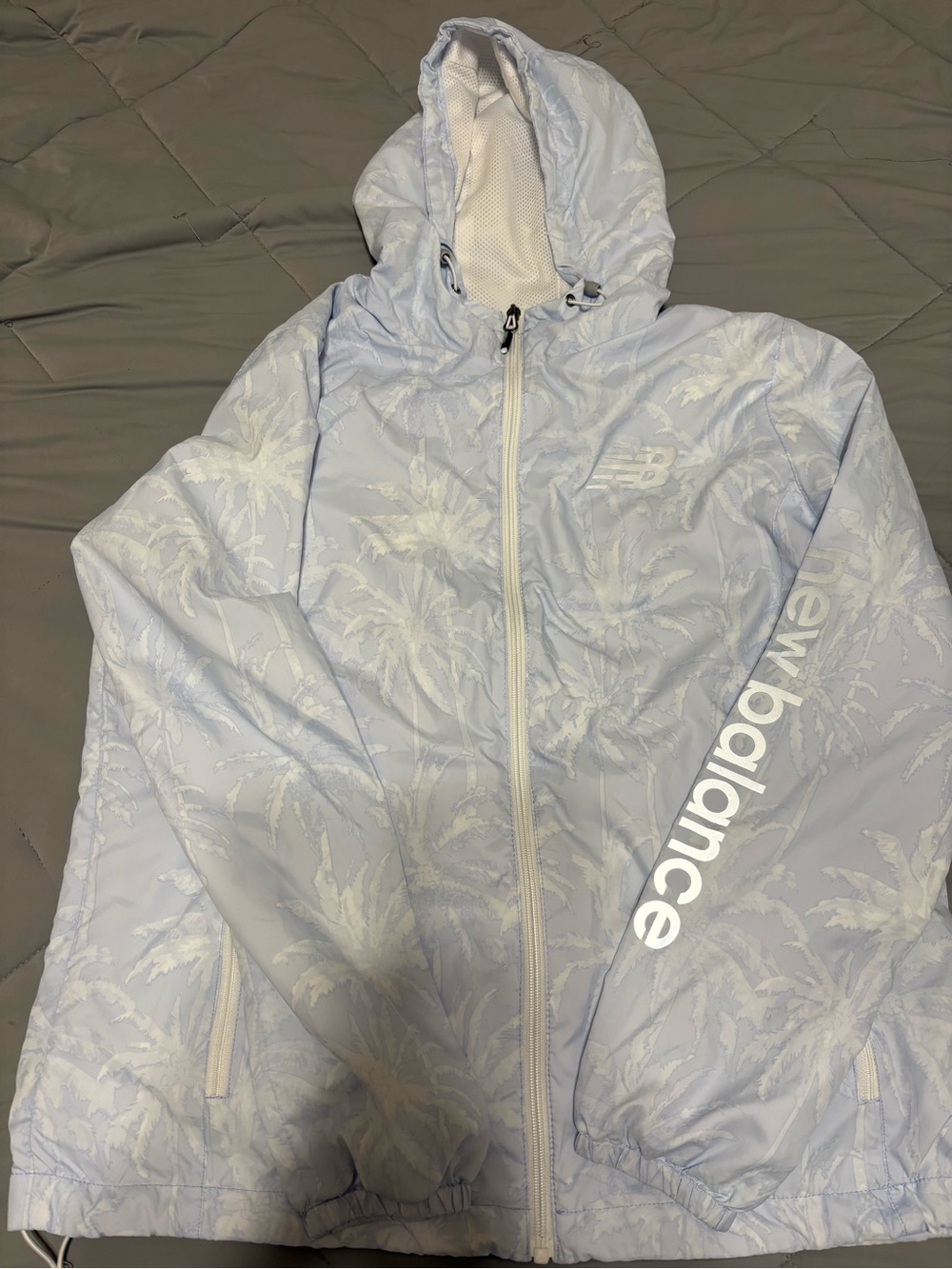 New Balance Light Blue Palm-Print Hooded Rain Jacket